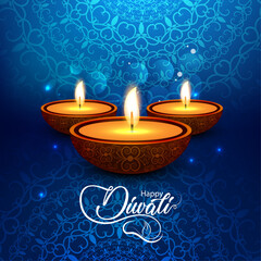 Happy Diwali Festival Greeting Background with Three Glowing Diyas, Ornate Blue Decorative Pattern, Warm Festive Light, and Elegant Indian Celebration Design for Holiday Card or Poster