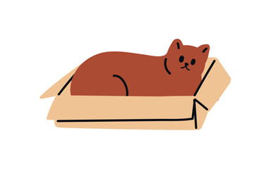 Cute funny cat lying inside cardboard box. Feline animal, pet resting in carton package. Adorable sweet kitty relaxing in pack, container. Flat vector illustration isolated on white background.