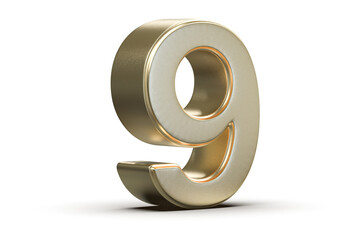 Golden 3D Number Nine Isolated on White Background