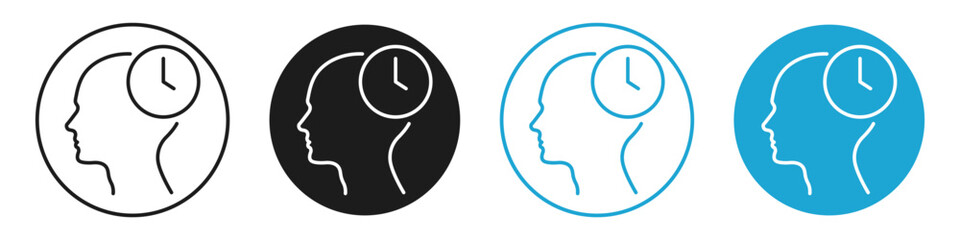 clock inside human head line icon set