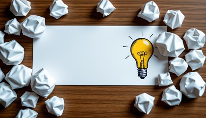 A desk with a white paper that has an idea light bulb drawn on it. Surrounding the paper are multiple crumpled pieces of paper, symbolizing ideas being discarded or not fully realized