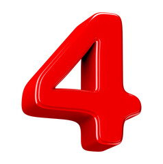 Red Glossy Number Four 3D Render Isolated on White