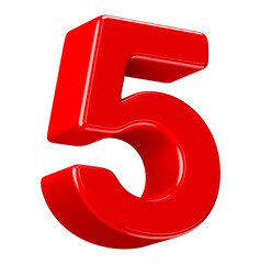 3D Red Glossy Number 5 Isolated on White Background