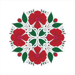 Folk Floral Mandala Vector Design,
Symmetrical Red Flower Pattern Illustration,
Traditional Folk Art Floral Ornament,
Circular Flower Mandala Vector Artwork