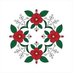 Folk Floral Mandala Vector Design,
Symmetrical Red Flower Pattern Illustration,
Traditional Folk Art Floral Ornament,
Circular Flower Mandala Vector Artwork