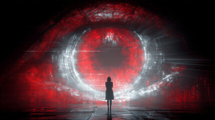 Glowing red eye against a digital background with a silhouetted woman standing in front