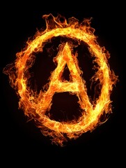 Flaming Anarchy Symbol on Black Background with Bright Orange Flames
