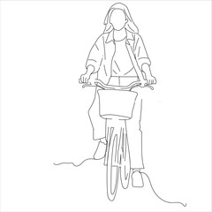 woman riding a bicycle. Woman riding city bicycle black linear sketch