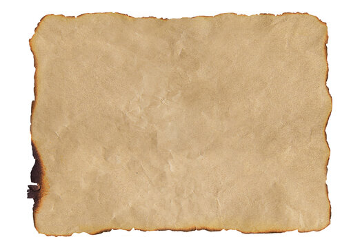 Old parchment paper displaying burnt edge. Paper with burnt edges isolated on transparent background
