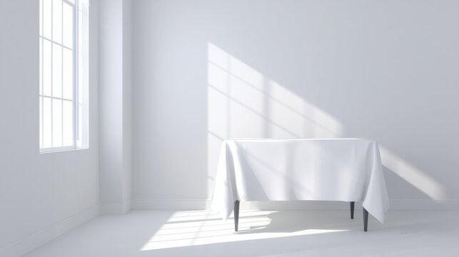A minimalist interior space with white walls and floor features a rectangular measuring table covered by a slightly drap