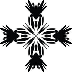 a symmetrical black and white floral motif, which is similar to a mandala or a stylized snowflake design. The pattern is composed of various petal and leaf-like shapes arranged in a cross-like formati