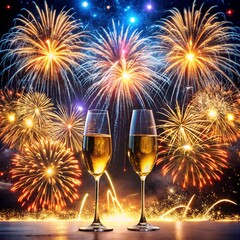 Two Champagne Glasses with 2026 Fireworks celebration