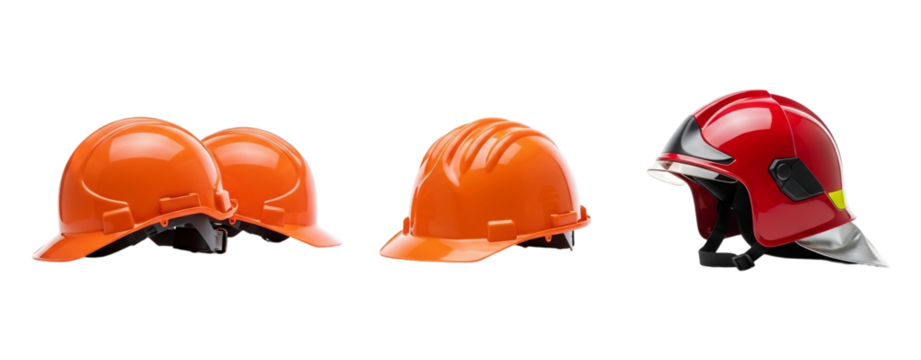 Collection of safety helmets for construction, industry, and firefighting, providing essential head protection, isolated on transparent background