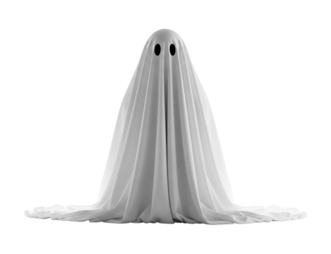 Mysterious white ghost figure draped in fabric isolated on transparent background, creating a spooky and ethereal atmosphere