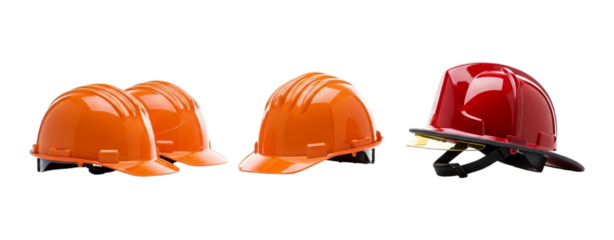 A collection of hard hats, including orange construction helmets and a red firefighter helmet isolated on transparent background