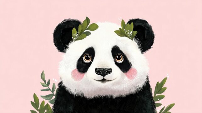 An illustrated panda with black ears, eyes, and limbs contrasts against white fur,