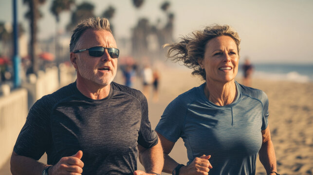 Energetic mature couple jogging on a beachside boardwalk