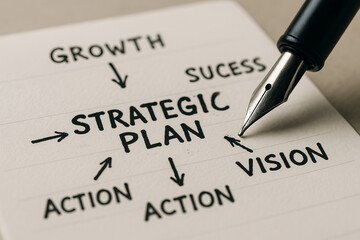 Closeup of fountain pen writing strategic plan on paper