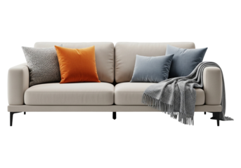 Elegant beige sofa with colorful pillows and a soft blanket isolated on transparent background for interior design