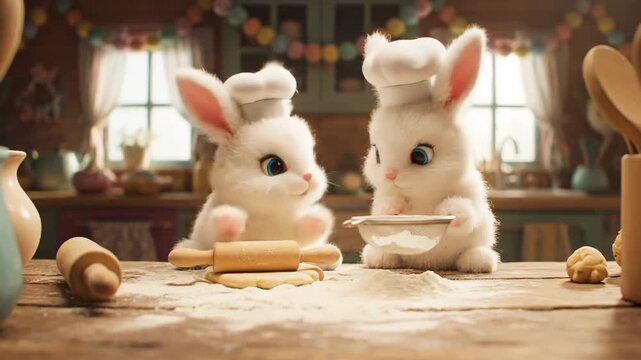 Two white chef rabbits baking and cooking dough with rolling pin and flour sifter in a festive kitchen. Video footage.