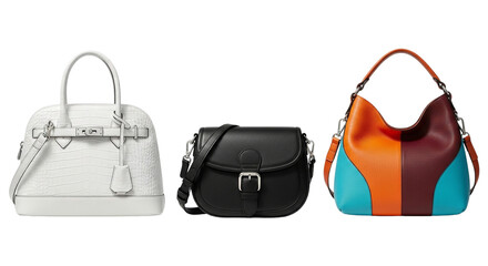 Naklejka premium Three stylish womens handbags isolated on transparent background, showcasing different designs and colors for fashion accessories