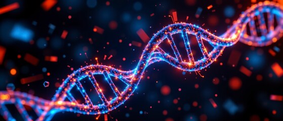 Colorful DNA strand on a dark background illuminated with vibrant light particles and glowing textures in high detail