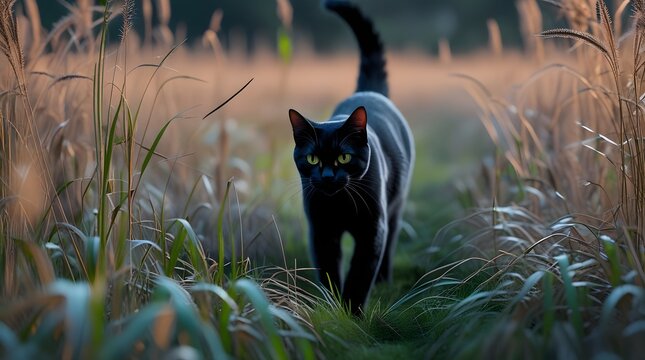Mysterious black cat walks through tall golden grass at dusk - Powered by Adobe