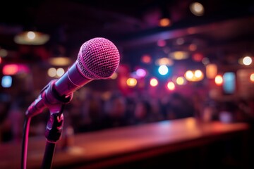 Close-up of microphone on stage in vibrant, colorful bar setting with blurred crowd