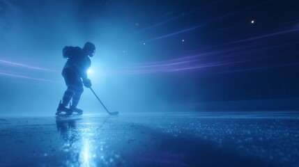 Naklejka premium Silhouetted ice hockey player in action on illuminated rink