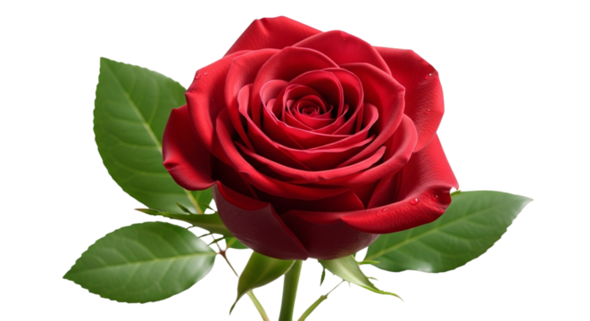 Beautiful red rose with green leaves isolated on transparent background, a symbol of love and passion, perfect for valentines day