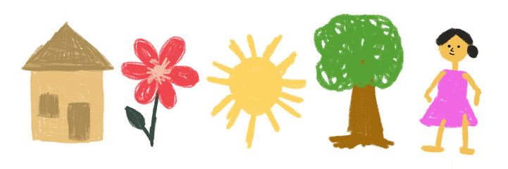 Child's Drawing House, Flower, Sun, Tree, and Person