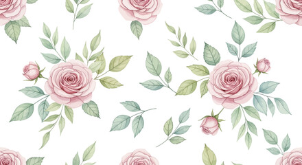 Delicate pink roses and soft green leaves create a beautiful, romantic seamless pattern perfect for spring and wedding designs