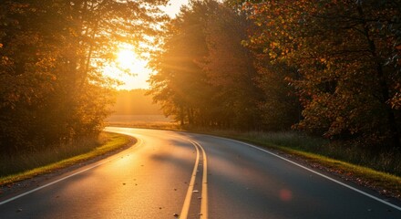 Fototapeta premium Winding Asphalt Road Through Autumnal Forest at Golden Hour with Sun Flare, Natural Landscape