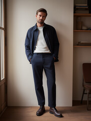 Modern Men’s Navy Trousers with Brown Leather Shoes