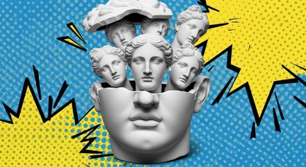 Creative pop art design featuring classical sculptures and comic style background