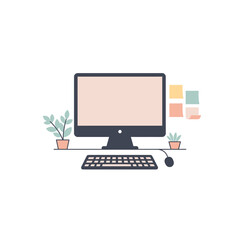 Flat Style Computer Desk Home Office Minimalist Interior Illustration