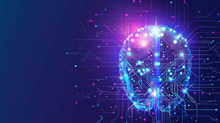 Stylized luminous AI brain made of network circuits, futuristic holographic effect, deep indigo and violet gradient background, clean minimal vector style