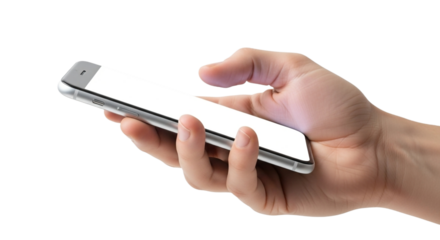 Hand holding and using a modern smartphone with blank white screen, isolated on transparent background, for app presentation
