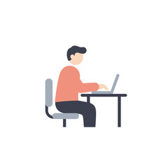 Flat Illustration of Man Working on Laptop at Desk, Office Situation