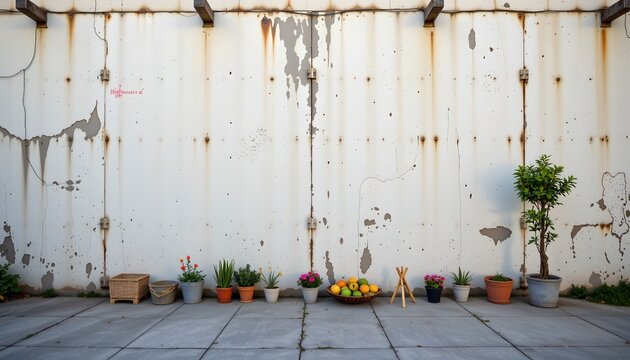 An outdoor scene featuring a rusted metal wall with peeling paint, set against a grey cement floor