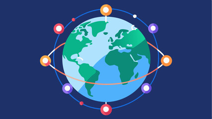 A digital globe surrounded by interconnected pins representing global online learning communities and international collaborations.