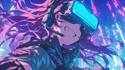 Anime girl wearing VR game, gaming world hobby