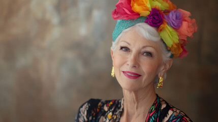 Elegant senior woman in a red outfit with party hat
