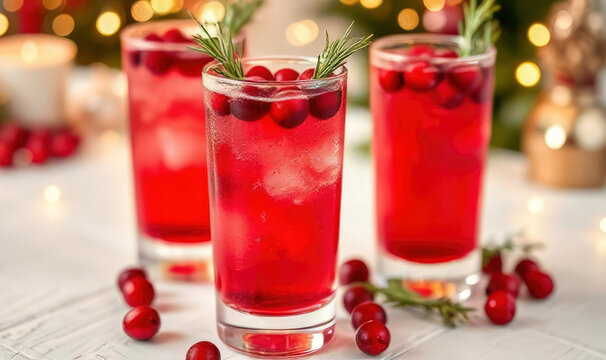 Three tall glasses filled with bright red cranberry drinks sit on a white table surrounded by fresh cranberries and festive decor. 