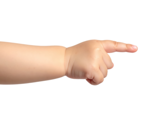 toddler hand pointing forward, clear finger gesture on Transparent background
