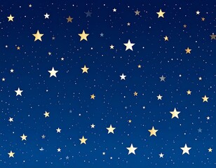 A dark blue sky with scattered golden and white stars