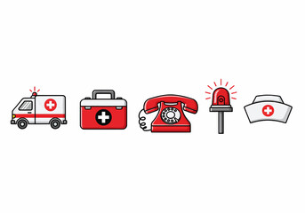 Set of medical emergency icons including an ambulance, first aid kit, rotary phone, warning light, and nurse hat.