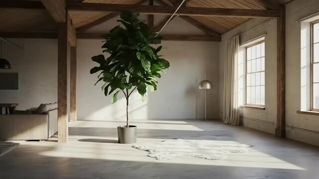 Bright Interior with Fiddle Leaf Fig Tree and Sunlight.