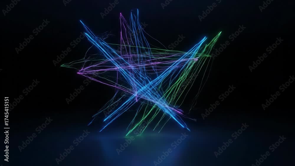 Poster intersecting abstract glowing lines forming complex geometric patterns and slowly shifting in a dark