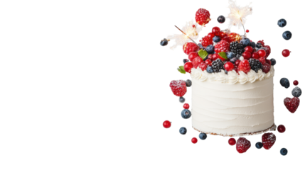 Cake with Berries and Sparklers on Transparent Background